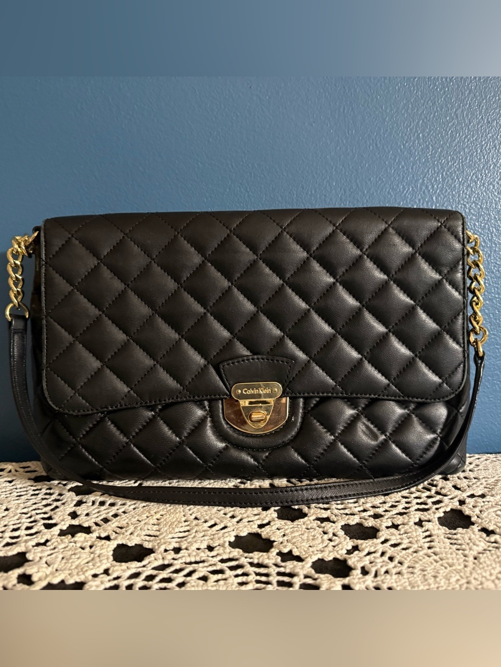 Calvin Klein Black Quilted Leather Shoulder Bag with Gold Hardware